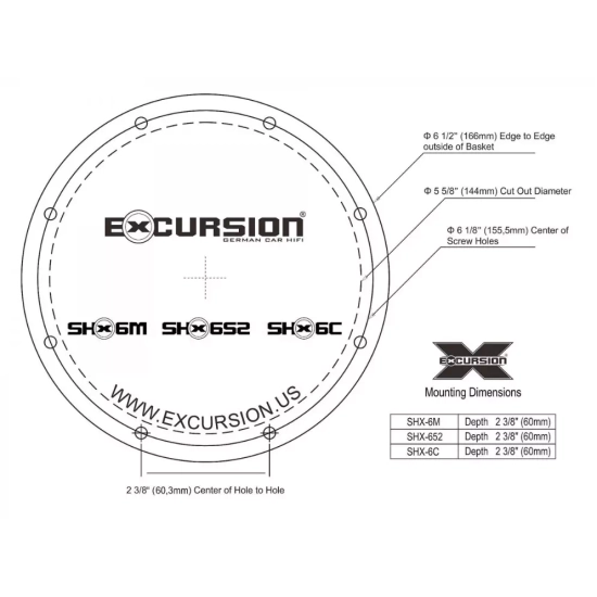 Excursion SHX-6C dB  2-drożny samochodowy zestaw głośnikowy: 4 woofery 165mm, 2 tweetery 25mm, 4 zwrotnice - 1.5ohm, 180/400W, 95dB, 40-21000Hz, głęb.